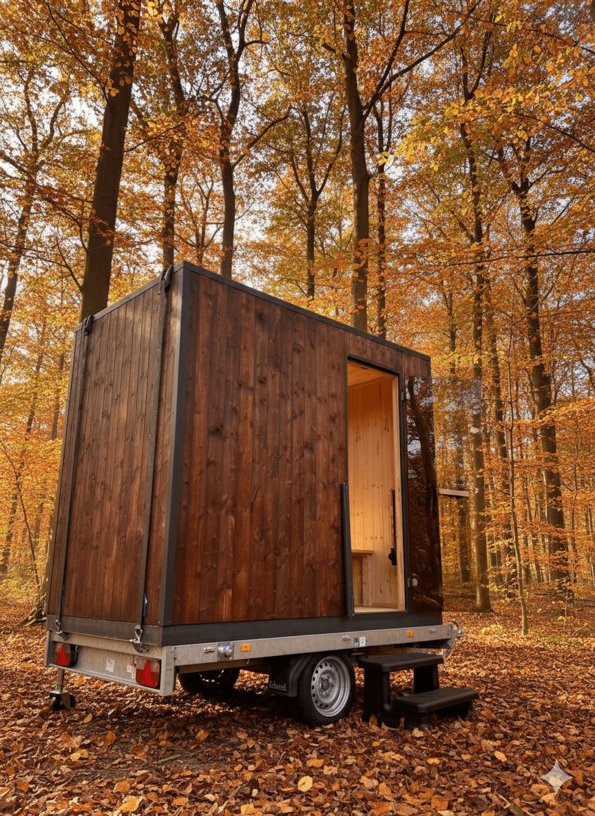 Mobile Sauna Cube M auf Anhänger im herbstlichen Wald