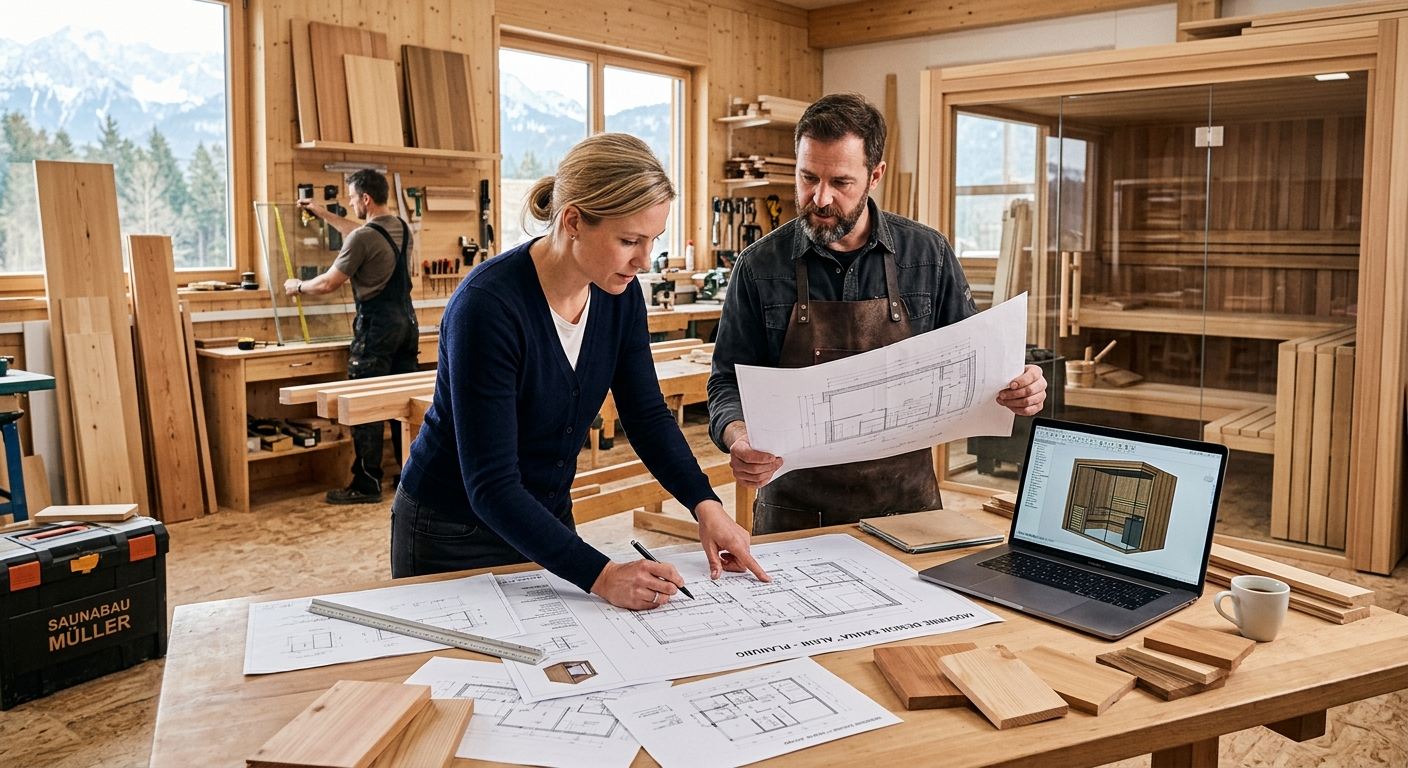 Saunaplanung in der Werkstatt: Grundriss und 3D-Entwurf