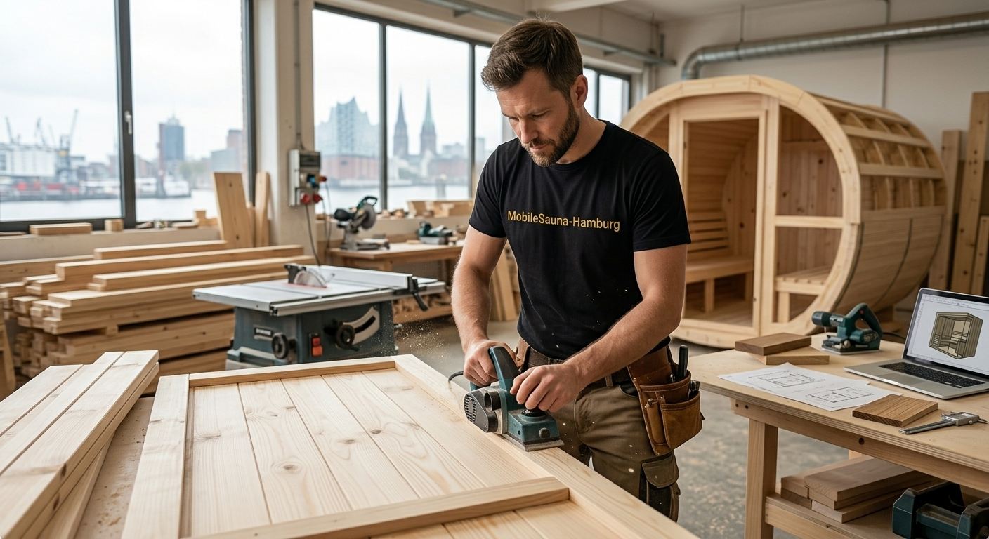 Saunabau in der Werkstatt: Zuschnitt von Saunaholz