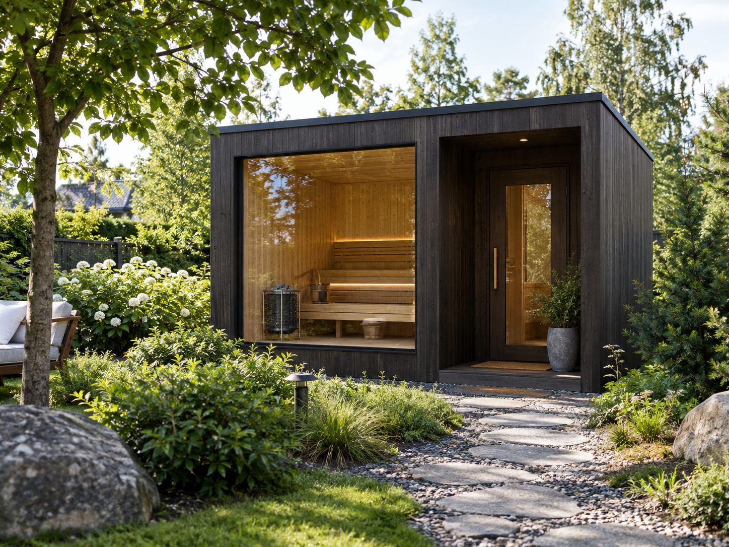 Gartensauna am Tag im Außenbereich