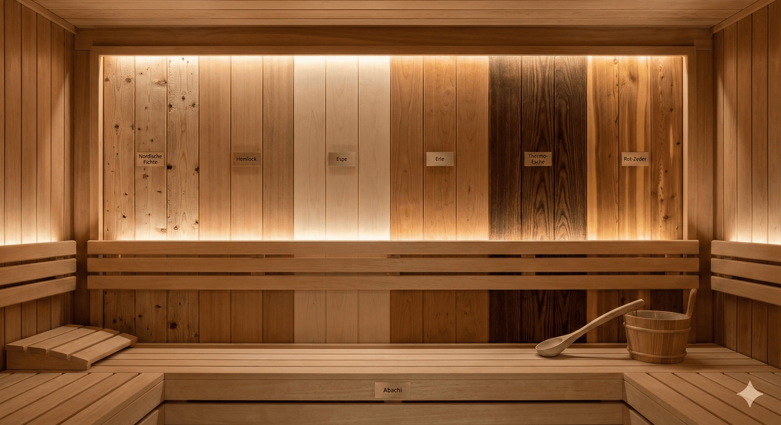 Saunawand mit Musterbrettern verschiedener Saunahölzer: Fichte, Hemlock, Espe, Erle, Thermo-Esche und Red Cedar